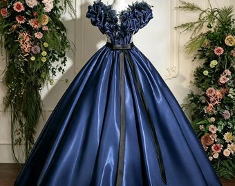 Dark Navy High Fashion Prom Dress, Pearl Lace Back to School Gown, Floral Garden Formal Dress, Gift for Daughter, Stage Performance