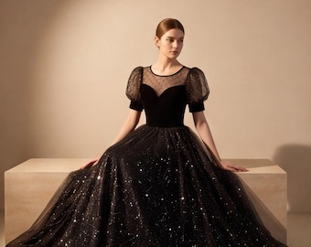 Black Velvet Prom Dress, Back to School Evening Gown, Sparkle Tulle Garden Party Outfit, Floral Gift for Her, Off Shoulder Ballgown