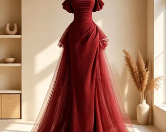 Burgundy Red Prom Dress, Pearl Beaded Back to School Gown, Off Shoulder Toast Dress, Garden Floral Formal Gift for Her, Corset Ballgown