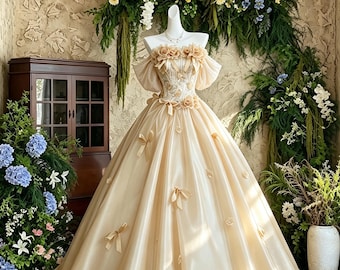 Champagne Gold Ballgown, Back to School Prom Dress, 3D Flower Evening Dress, Gift for Daughter, Vocal Recital Gown