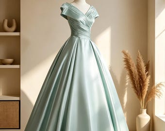 Mint Green Satin Prom Dress, Back to School Evening Gown, Off Shoulder Satin Dress, Gift for Daughter, Bridal Photo Gown