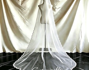 Pearl Beaded Cathedral Veil with Custom Name Embroidery, Scalloped Lace Edge Bridal Veil