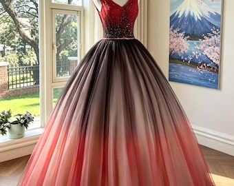 Beaded Ombre Prom Ballgown, Back to School Dress, Gradient Tulle Gala Gown, Gift for Daughter, Solo Singing Performance