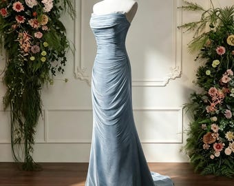 Ice Blue Mermaid Evening Gown, Back to School Prom Dress, Halter Scarf Dress, Gift for Her, Birthday Gala Outfit