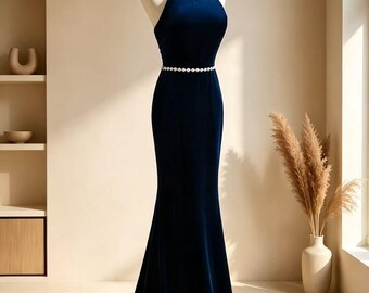 Velvet Evening Gown, Pearl Midnight Blue Prom Dress, Back to School Formal Dress, Garden Floral Theme Dress, Bow Gift