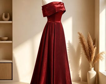 Wine Red Prom Dress, Back to School Gala Gown, Off Shoulder Satin Evening Dress, Garden Party Outfit, Floral Gift for Her