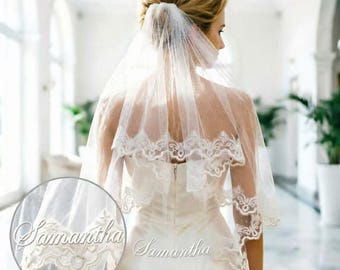 Custom Embroidered Lace Wedding Veil, Shimmer Tulle, Personalized Name Date, Above the updo
