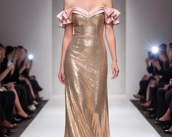 Gold Sequin Prom Dress, Back to School Formal Gown, Pink Satin Off Shoulder Garden Party Dress, Floral Gift for Her, Evening Ballgown