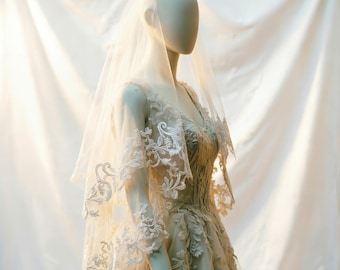 Custom Embroidered Wedding Veil with Heavy Floral Lace, Personalized Mrs.
