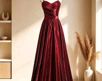 Wine Red Prom Dress, Back to School Gala Gown, Pleated Satin Spaghetti Strap Dress, Garden Party Outfit, Floral Gift for Her