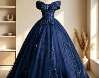 Navy Blue Prom Dress, Starry Sparkle Ball Gown, Sequin Embroidered Evening Dress, Formal Gala Gown, Romantic Luxury Gift for Her