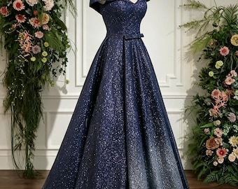 Sparkle Gradient Evening Gown, Off Shoulder Satin Back to School Dress, Garden Floral Theme Gala Dress, Luxury Gift for Her, Prom Dress