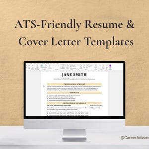 Può includere: Un monitor di computer mostra un modello di curriculum con il nome "Jane Smith" in alto. Lo schermo mostra sezioni per un riepilogo professionale, competenze chiave ed esperienza professionale. Il testo in alto recita "ATS-Friendly Resume & Cover Letter Templates".