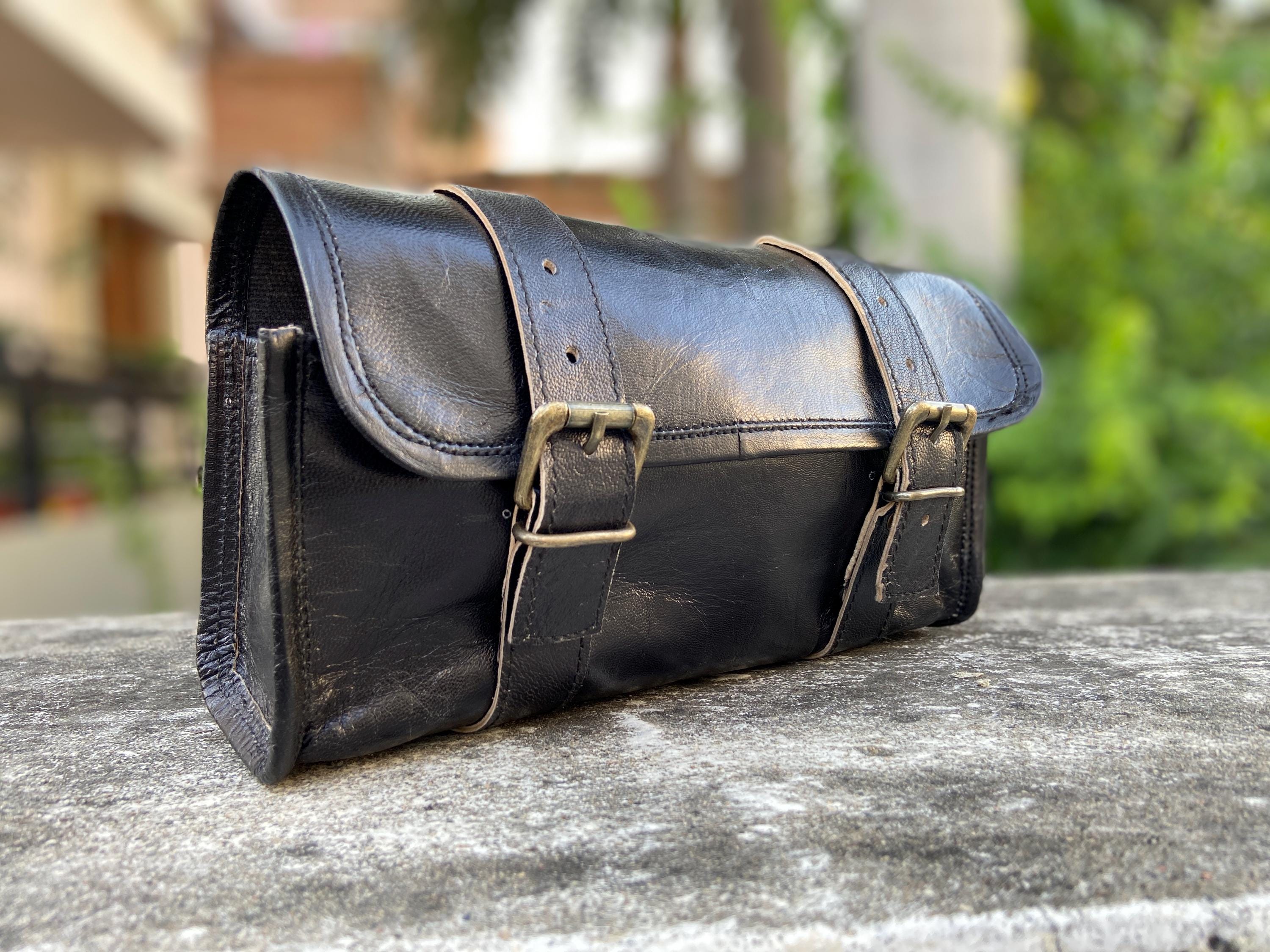 Handmade black goatskin saddlebag leather motorcycle side bag storage pouch small bike tool bag