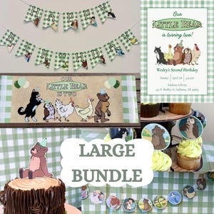 May include: A birthday party bundle with a woodland theme. Includes a banner that says "Happy Birthday", a cake topper, cupcake toppers, and a party invitation. The invitation reads "Our Little Bear is turning two!"