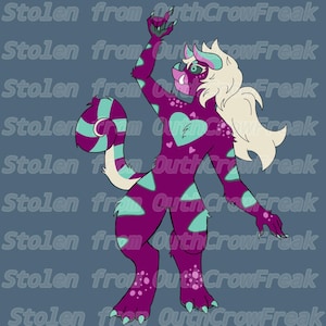 May include: A digital illustration of a purple anthropomorphic creature with teal and white accents. The creature has a heart-shaped design on its chest and a striped tail. The text "Stolen from OuthCrowFreak" is repeated diagonally across the background.