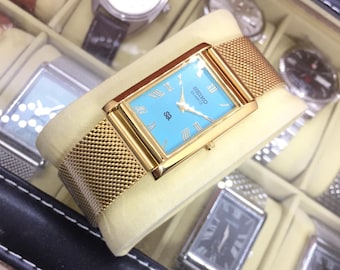 Vintage Seiko Tank Quartz: Roman Dial, Stainless Steel Mesh Strap, Tiffany & Golden, Wrist Watch