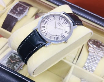 Vintage Seiko Tank Round Quartz: Silver Roman Dial, Black Leather Belt, Wrist Watch