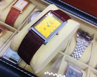 Vintage Seiko Tank Quartz: Yellow Dial, Brown Leather Belt, Wrist Watch