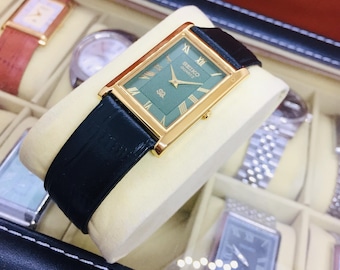 Vintage Seiko Tank Quartz: Roman Dial, Black Leather Belt, Green & Golden, Wrist Watch