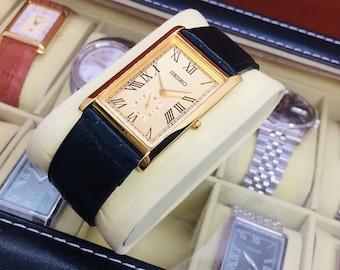 Vintage Seiko Tank Sub Second Quartz: Golden Dial, Black Leather Belt, Wrist Watch