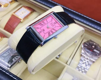 Vintage Seiko Tank SQ Quartz: Pink Roman Dial, Black Leather Belt, Wrist Watch