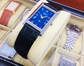 Vintage Seiko Tank Quartz: Blue Dial, Black Leather Belt, Wrist Watch