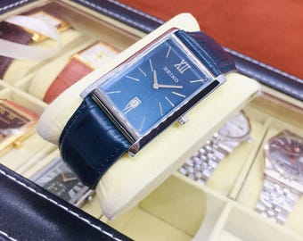 Vintage Seiko Tank Quartz: Blue Dial, Date Window, Leather Belt, Wrist Watch