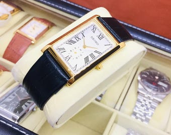 Vintage Seiko Tank Sub Second Quartz: Black Leather Belt, Silver & Golden, Wrist Watch