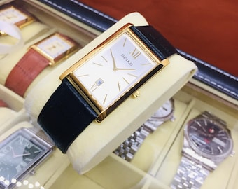 Vintage Seiko Tank Quartz: Date Window, Black Leather Belt, Silver & Golden, Wrist Watch