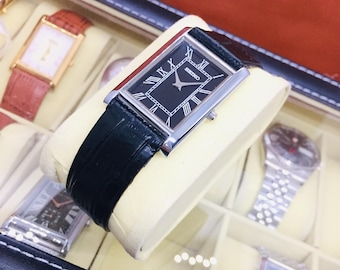 Vintage Seiko Tank Quartz: Black Dial, Black Leather Belt, Wrist Watch