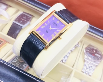 Vintage Seiko Tank Quartz: Roman Dial, Brown Leather Belt, Purple & Golden, Wrist Watch