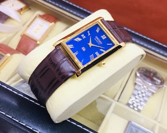 Vintage Seiko Tank Quartz: Roman Dial, Brown Leather Belt, Blue & Golden, Wrist Watch