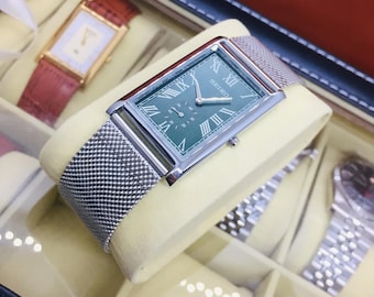 Vintage Seiko Tank Sub Second Quartz: Green Dial, Stainless Steel Mesh Strap, Wrist Watch