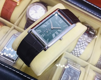 Vintage Seiko Tank Sub Second Quartz: Forest Green Dial, Brown Leather Belt, Wrist Watch
