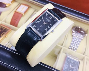 Vintage Seiko Tank Quartz: Black Dial, Black Leather Belt, Wrist Watch