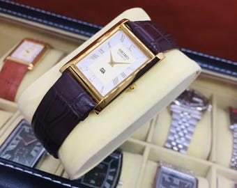 Vintage Seiko Tank Quartz: Roman Dial, Brown Leather Belt, White & Golden, Wrist Watch