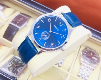 Vintage Seiko Tank Side Second Quartz: Blue Dial, Blue Leather Belt, Wrist Watch