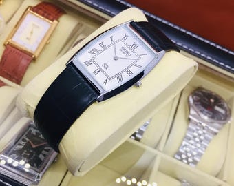 Vintage Seiko Barrel Tank Quartz: White Dial, Black Leather Belt, Wrist Watch