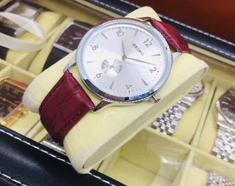 Vintage Seiko Tank Side Second Quartz: Silver Dial, Brown Leather Belt, Wrist Watch