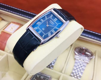 Vintage Seiko Barrel Tank Quartz: Blue Dial, Black Leather Belt, Wrist Watch
