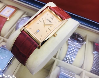 Vintage Seiko Tank Date Featured Quartz: Golden Dial, Tan Leather Belt, Wrist Watch