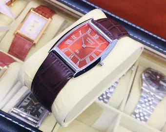 Vintage Seiko Barrel Tank Quartz: Red Dial, Brown Leather Belt, Wrist Watch