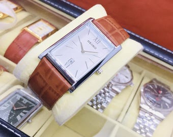 Vintage Seiko Tank Quartz: Silver Dial, Date Window, Tan Leather Belt, Wrist Watch