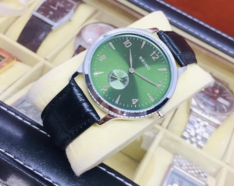 Vintage Seiko Tank Side Second Quartz: Green Dial, Black Leather Belt, Wrist Watch