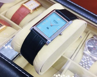Vintage Seiko Tank Quartz: Tiffany Blue Dial, Black Leather Belt, Wrist Watch