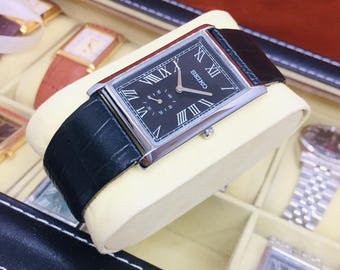 Vintage Seiko Tank Sub Second Quartz: Black Dial, Black Leather Belt, Wrist Watch