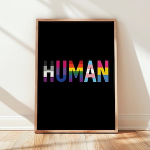 Puede incluir: Una lámina de arte mural rectangular enmarcada con fondo negro y la palabra HUMAN escrita en letras mayúsculas grandes. Cada letra está rellena con un patrón de bandera de orgullo diferente, incluyendo los colores asexuales, gais, lésbicos, bisexuales y pansexuales.