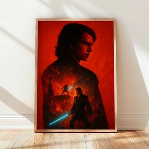 Könnte beinhalten: Ein rechteckiger Wandkunstdruck mit dem Porträt einer dunkelhaarigen Figur in Silhouette vor einem leuchtend roten Hintergrund. Innerhalb der Silhouette zeigt eine Szene zwei Figuren, die mit leuchtend blauen Lichtschwertern kämpfen.