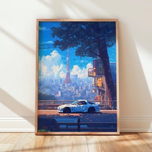 Póster de coche JDM, arte mural con estética de la ciudad de Tokio, lámina de coche callejero japonés, decoración de carreras, obra de arte de estilo anime retro.